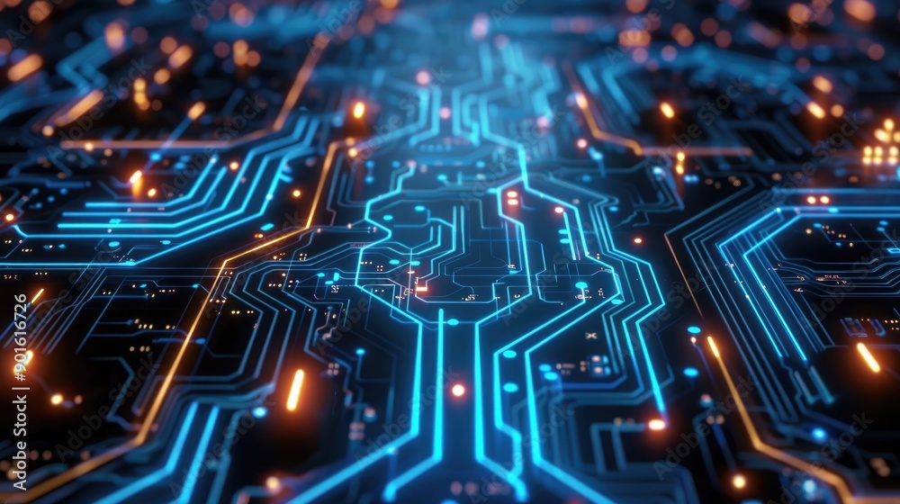 Digital circuit board with glowing blue lines Digital circuit board with glowing blue lines