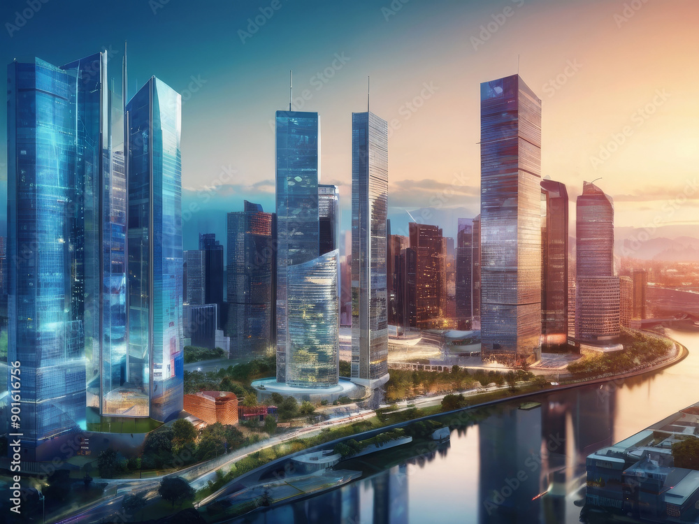 A futuristic cityscape with tall skyscrapers, a canal or river running through the center, sunny sky with clouds A futuristic cityscape with tall skyscrapers, a canal or river running through the center, sunny sky with clouds