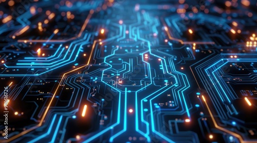 Digital circuit board with glowing blue lines © Bekode