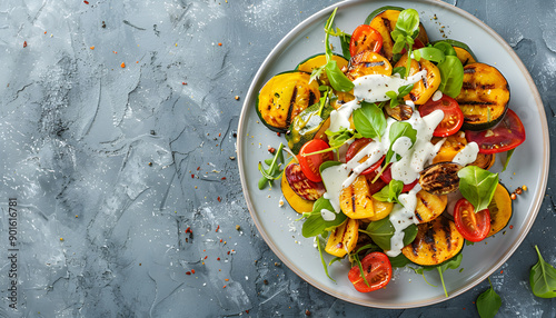 Grilled vegetables with yoghurt sauce on a plate over light blue slate, stone or concrete background. Top view with copy space. Top view with copy space