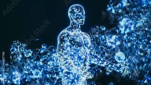 A human hologram in a cloud of compounds formed from a point or dust in motion.