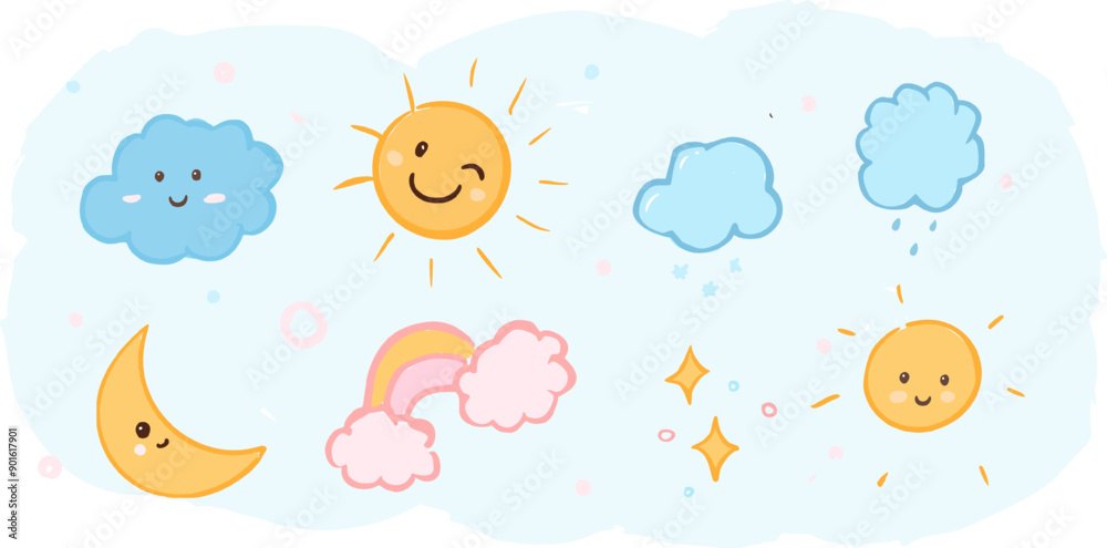 Hand drawn collection of cartoon clouds and suns with a smiling moon. The clouds are in various sizes and shapes. Vector doodle childish elements of design. All the images are grouped and easy to use Hand drawn collection of cartoon clouds and suns with a smiling moon. The clouds are in various sizes and shapes. Vector doodle childish elements of design. All the images are grouped and easy to use