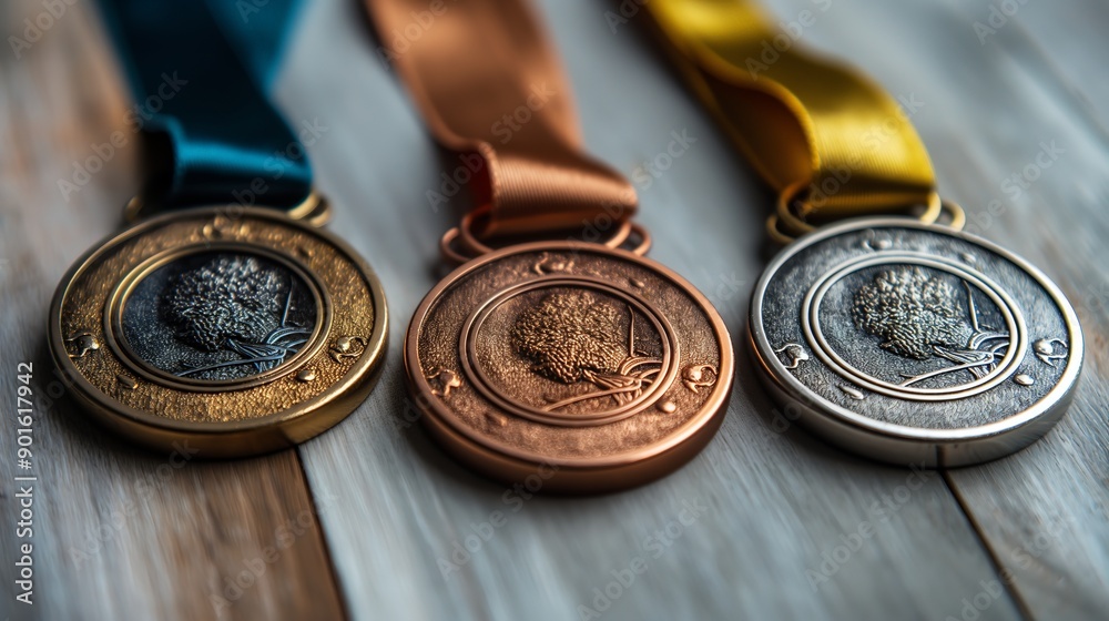 Gold, Silver, and Bronze Medals on Wooden Surface, Perfect for Award Ceremonies and Competitions Gold, Silver, and Bronze Medals on Wooden Surface, Perfect for Award Ceremonies and Competitions