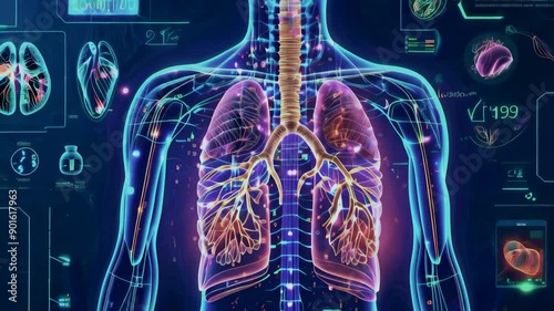 HUD display with lungs data info graphics, anatomy and biology hologram of human digestive system. Health medicine digital interface.