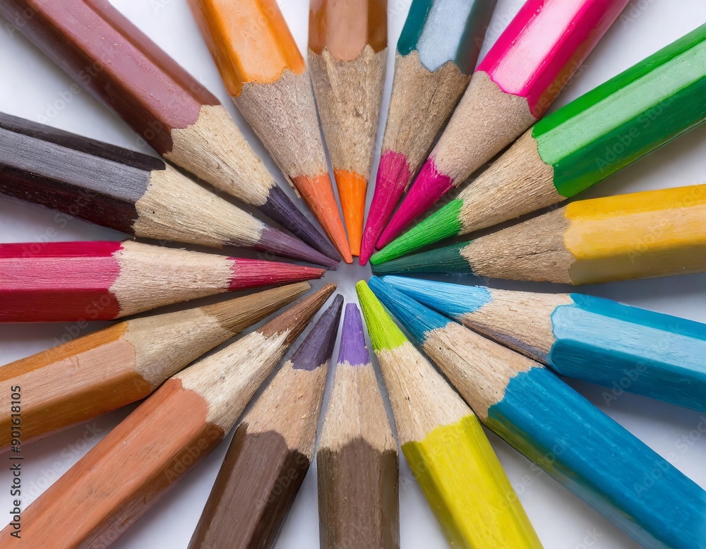 Circle of wooden color pencils lie in circle pointing to the middle Circle of wooden color pencils lie in circle pointing to the middle