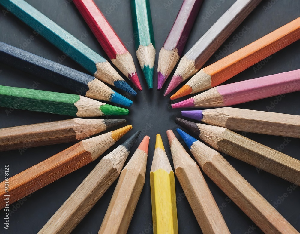 Naklejka premium colored pencil circle crayons facing to middle on black background
