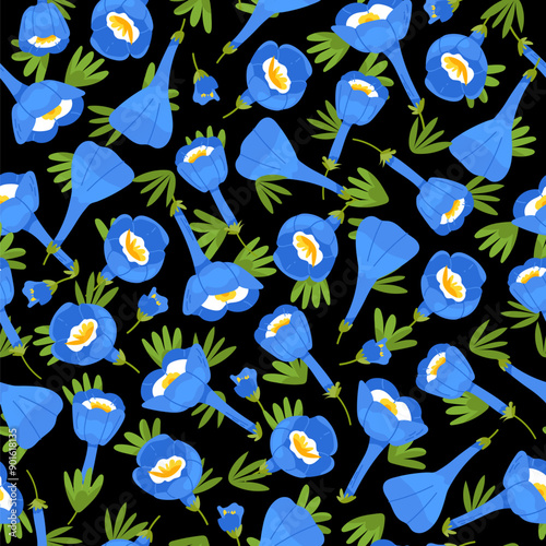 Virginia bluebells, Mertensia virginica, cowslip flower seamless pattern on black background. Colorful botanical Vector illustration