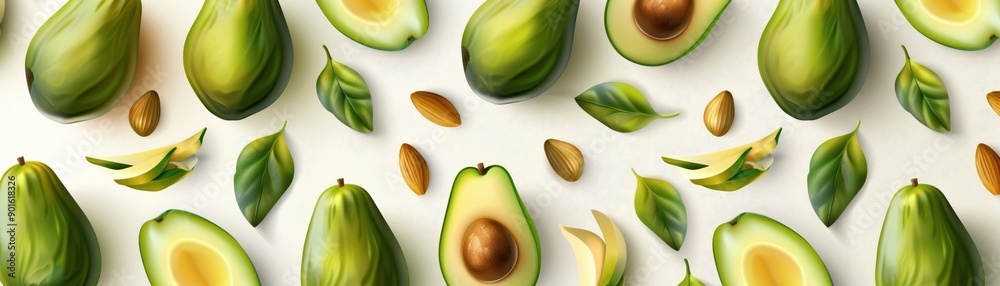 A vibrant display of fresh avocados with green leaves, showcasing their rich texture and natural beauty on a light background. A vibrant display of fresh avocados with green leaves, showcasing their rich texture and natural beauty on a light background.