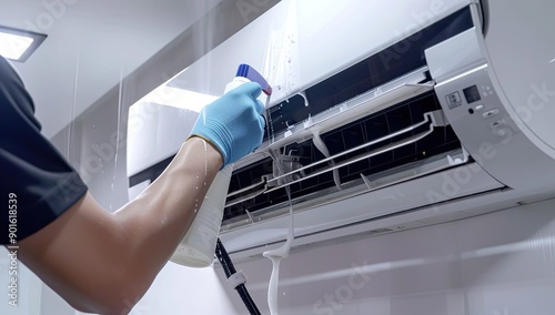 Technician Cleaning Air Conditioner Unit photo