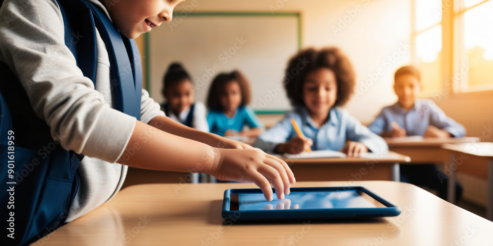 A group of students using an electronic tablet on a school background, space for text A group of students using an electronic tablet on a school background, space for text