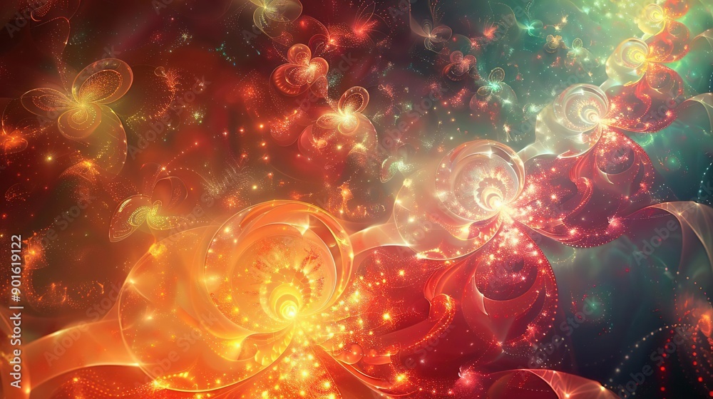 Golden Fractal Flowers, Swirls, and Sparkles on a Red and Green Background Golden Fractal Flowers, Swirls, and Sparkles on a Red and Green Background