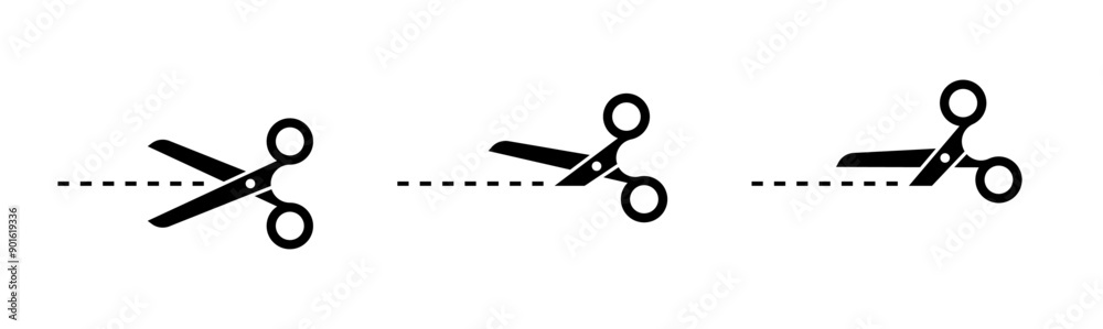 Scissors cut lines black symbols set. Isolated scissor cutting paper with dotted line icons on white background. Coupon sales signs, packaging label concept. Vector illustration.