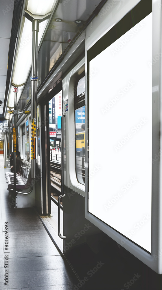high-quality image featuring an empty poster mockup displayed on the side of a subway train in a bustling modern city high-quality image featuring an empty poster mockup displayed on the side of a subway train in a bustling modern city
