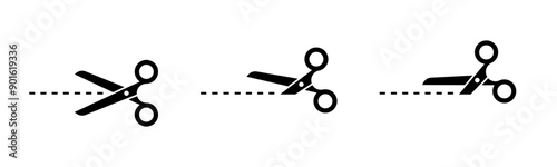 Scissors cut lines black symbols set. Isolated scissor cutting paper with dotted line icons on white background. Coupon sales signs, packaging label concept. Vector illustration.