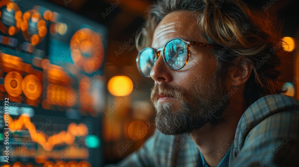 Focused Analyst Reviewing Financial Data on Multiple Screens in a Modern Office. Generative AI Focused Analyst Reviewing Financial Data on Multiple Screens in a Modern Office. Generative AI