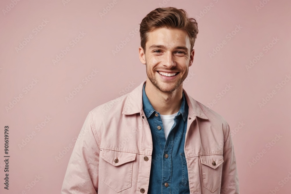 Young smiling happy cheerful caucasian man 20s wearing trendy jacket shirt isolated on plain pastel light pink background, studio portrait. Young smiling happy cheerful caucasian man 20s wearing trendy jacket shirt isolated on plain pastel light pink background, studio portrait.