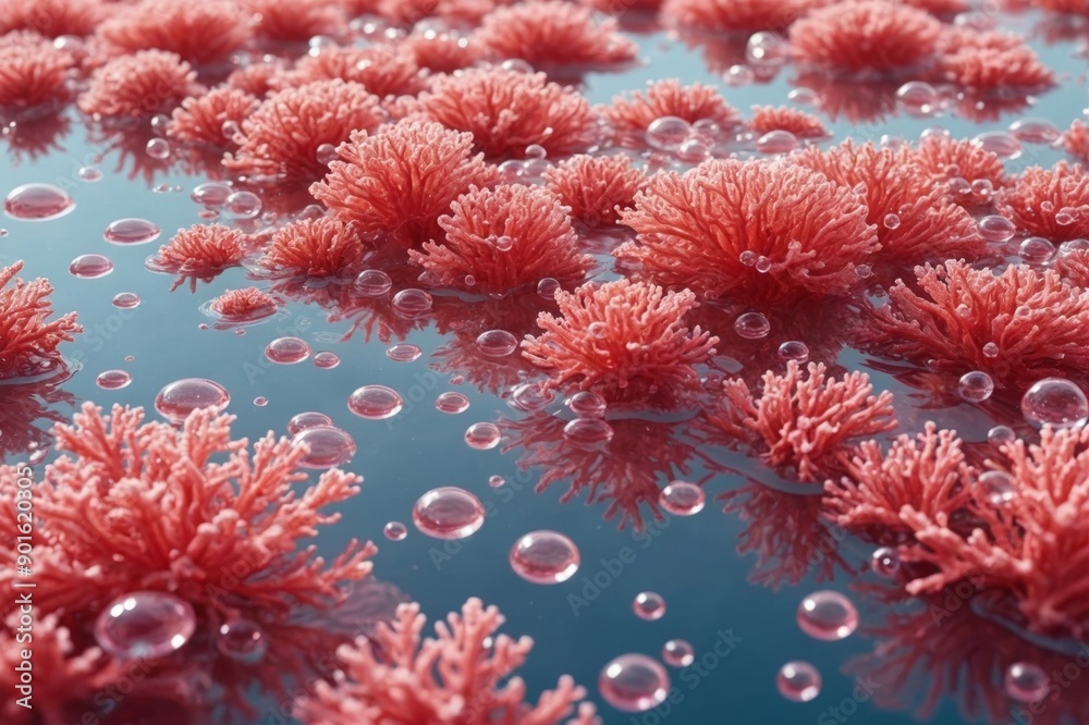 Closeup of coral pink transparent clear calm water surface texture with splashes and bubbles. Trendy abstract summer nature background. Closeup of coral pink transparent clear calm water surface texture with splashes and bubbles. Trendy abstract summer nature background.