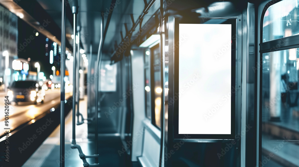 high-quality image featuring an empty poster mockup displayed on the side of a subway train in a bustling modern city high-quality image featuring an empty poster mockup displayed on the side of a subway train in a bustling modern city