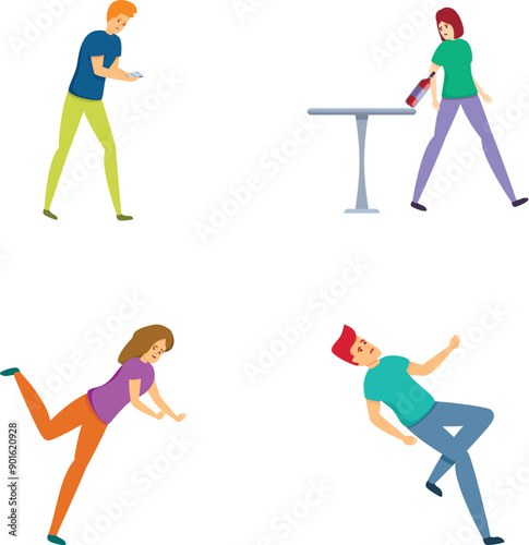 Home accident icons set cartoon vector. Case of physical trauma. Misfortune, failure