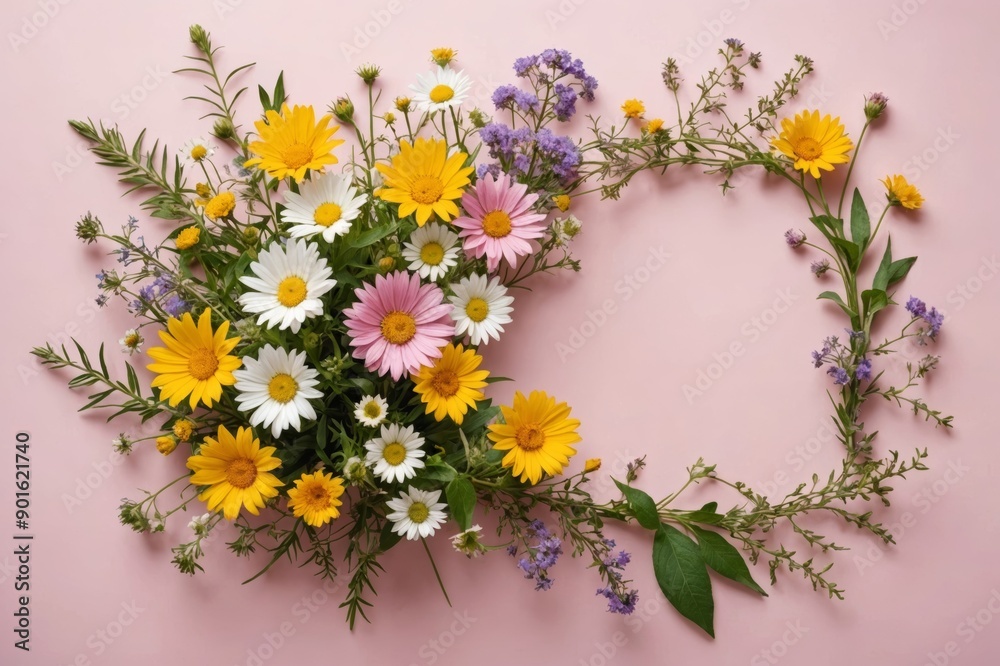 a bouquet of various summer wild flowers on a delicate pink background in the form of a frame with a place for text a bouquet of various summer wild flowers on a delicate pink background in the form of a frame with a place for text