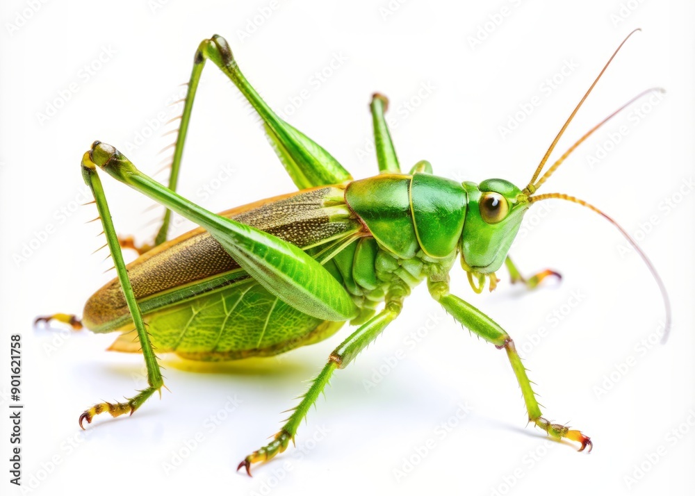 Vibrant green cricket with intricate wing veins and delicate legs isolated on a pure white background, showcasing its fascinating textures and natural beauty. Vibrant green cricket with intricate wing veins and delicate legs isolated on a pure white background, showcasing its fascinating textures and natural beauty.