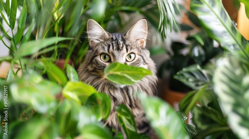 Jungle Cat Hideaway: A curious tabby cat seeks refuge in a lush indoor jungle, its captivating gaze peering through vibrant green leaves.