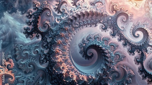 Abstract Fractal Spiral Patterns, Digital Art, Swirls, Curves, Metallic Texture