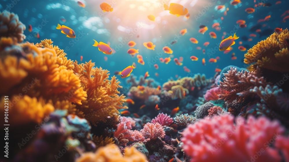 Fototapeta premium Beneath The Waves Vibrant Coral Reef Brimming With Colorful Fish At Sunset. Generative AI