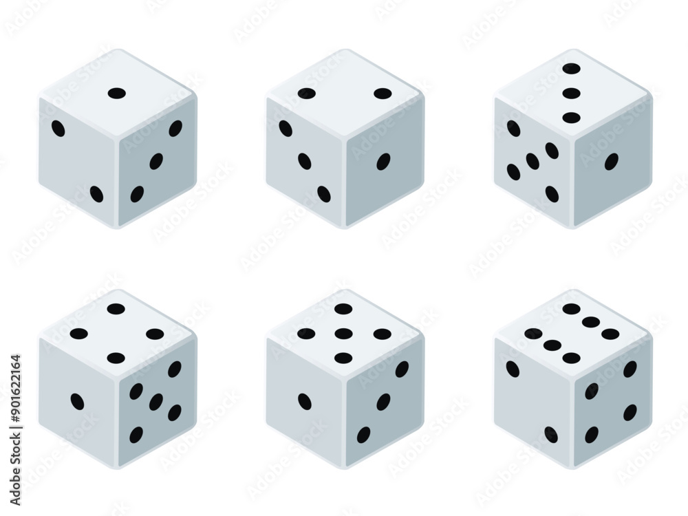 Six variants white game cubes isolated on white background. icons in realistic style. Gambling concept. Six variants white game cubes isolated on white background. icons in realistic style. Gambling concept.