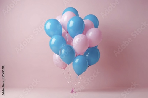 Blue balloons floating in pink pastel background room studio. minimal idea creative concept. photo