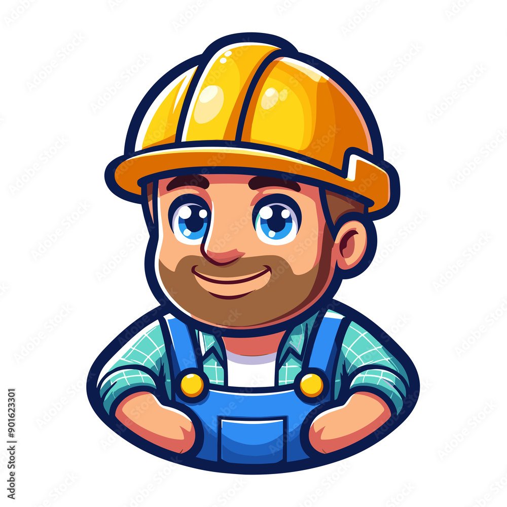 Anime-style builder, blue eyes, friendly expression, light beard, wearing a yellow hard hat, blue overalls, and a green checkered shirt, smiling. Anime-style builder, blue eyes, friendly expression, light beard, wearing a yellow hard hat, blue overalls, and a green checkered shirt, smiling.