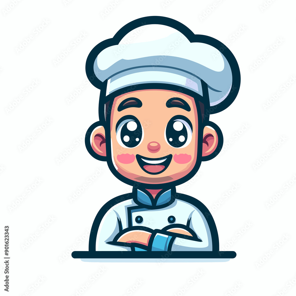 Anime-style chef, large eyes, pink cheeks, brown hair, wearing a white chef's hat and white chef's uniform, friendly expression, smiling with arms crossed. Anime-style chef, large eyes, pink cheeks, brown hair, wearing a white chef's hat and white chef's uniform, friendly expression, smiling with arms crossed.