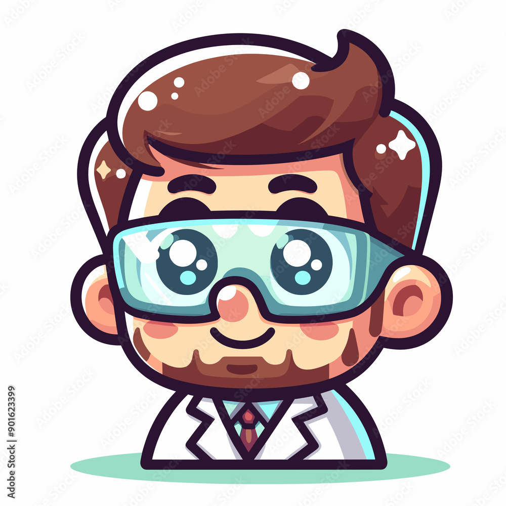 Anime-style chemist, brown eyes, pink cheeks, brown hair, white lab coat, blue tie, wearing safety goggles, friendly expression, smiling. Anime-style chemist, brown eyes, pink cheeks, brown hair, white lab coat, blue tie, wearing safety goggles, friendly expression, smiling.