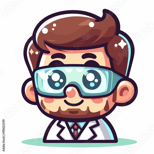 Anime-style chemist, brown eyes, pink cheeks, brown hair, white lab coat, blue tie, wearing safety goggles, friendly expression, smiling.