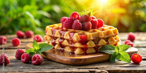 Golden waffle topped with plump fresh raspberries and drizzled with sweet syrup, sitting on a rustic wooden table, surrounded by greenery and soft morning light. photo