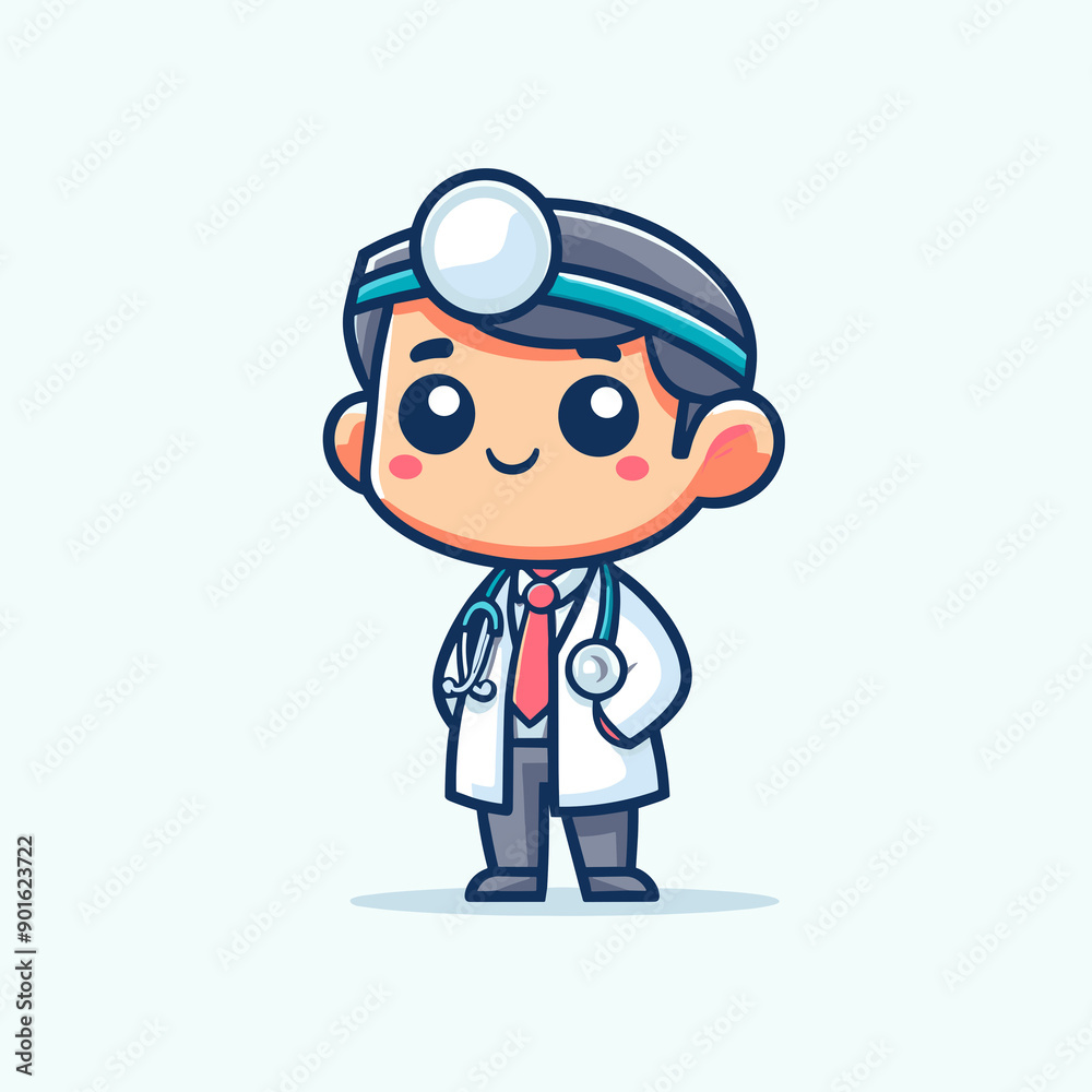 Anime-style image, male doctor, black hair, big eyes, pink cheeks, white coat, stethoscope, red tie, head mirror, smiling face, hands in pockets. Anime-style image, male doctor, black hair, big eyes, pink cheeks, white coat, stethoscope, red tie, head mirror, smiling face, hands in pockets.