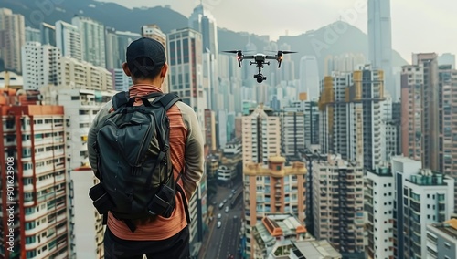 Man Flying Drone Above Skyscrapers photo