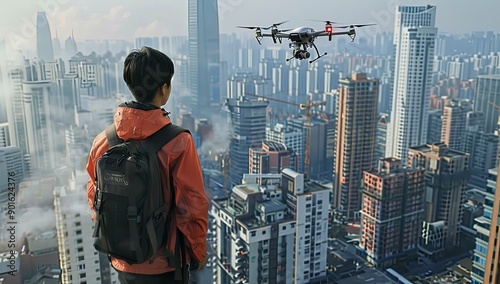 Drone Operator Overlooking City photo