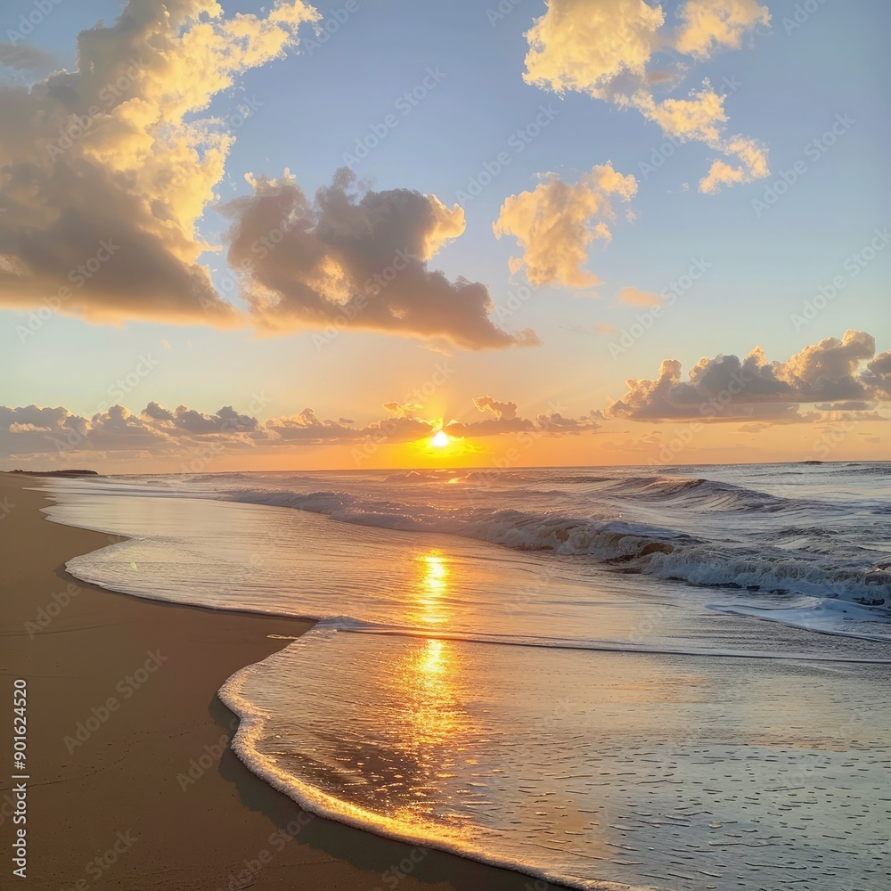 Naklejka premium A serene morning on the beach, with the golden sunrise and a soft breeze stirring the sand.