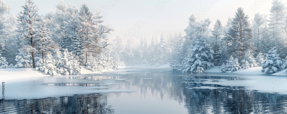 Fototapeta premium Serene Winter Wonderland - Minimalist Frozen Lake and Snow-Covered Trees 3D Render with Clean White Background