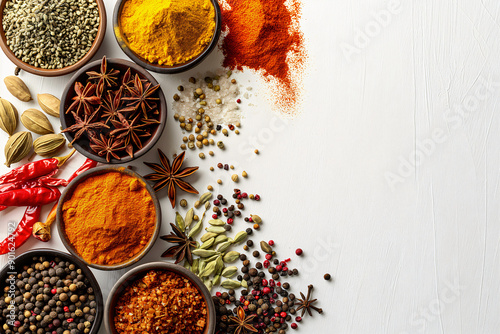 Fototapeta Naklejka Na Ścianę i Meble -  A set of spice sets from all over the world on white background. Concept for advertising shops, restaurants and travel. Dry ingredients for cooking. Template with place for text, copy space