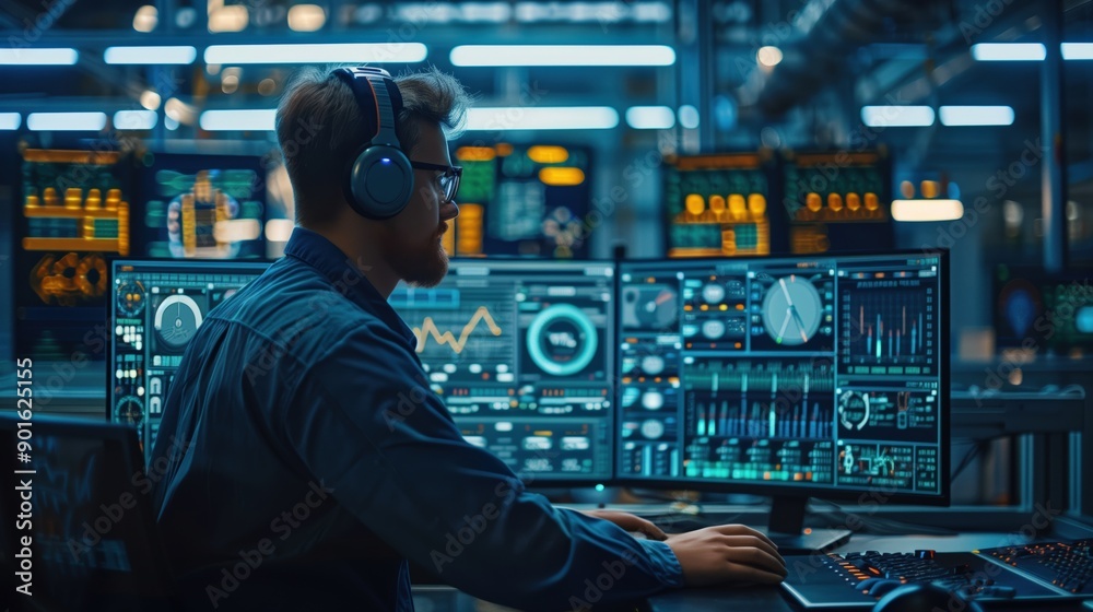 Plant operator in a minimalist design space, using a holographic control panel to manage operations. The advanced industrial environment is clean and efficient, highlighting modern technology and Plant operator in a minimalist design space, using a holographic control panel to manage operations. The advanced industrial environment is clean and efficient, highlighting modern technology and