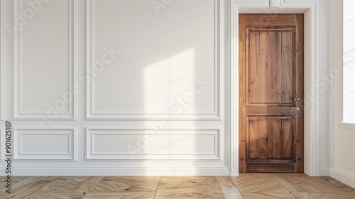 Front doorway and wood dressing closet in a room with a white wall, background with clean space for text or promotional content