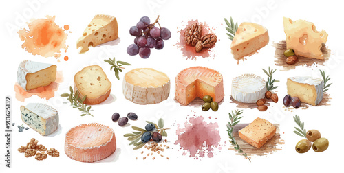 Various types of cheese vector watercolor illustrations set. Cottage cheeses collection isolated on white background. Curd product for design, recipe book, advertising