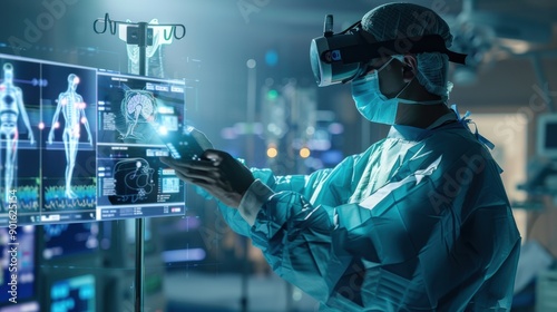 Surgeon Wearing Augmented Reality Headset And Using High-Precision Remote Controlled Robot Arms To Operate On Patient In Hospital. Doctor Working With Futuristic Robotic Limbs And Monitors With Vitals