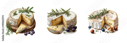 Parmesan cheese pieces with basil herbs isolated on white background. Closeup of italian classic cuisine condiment. Hand drawn