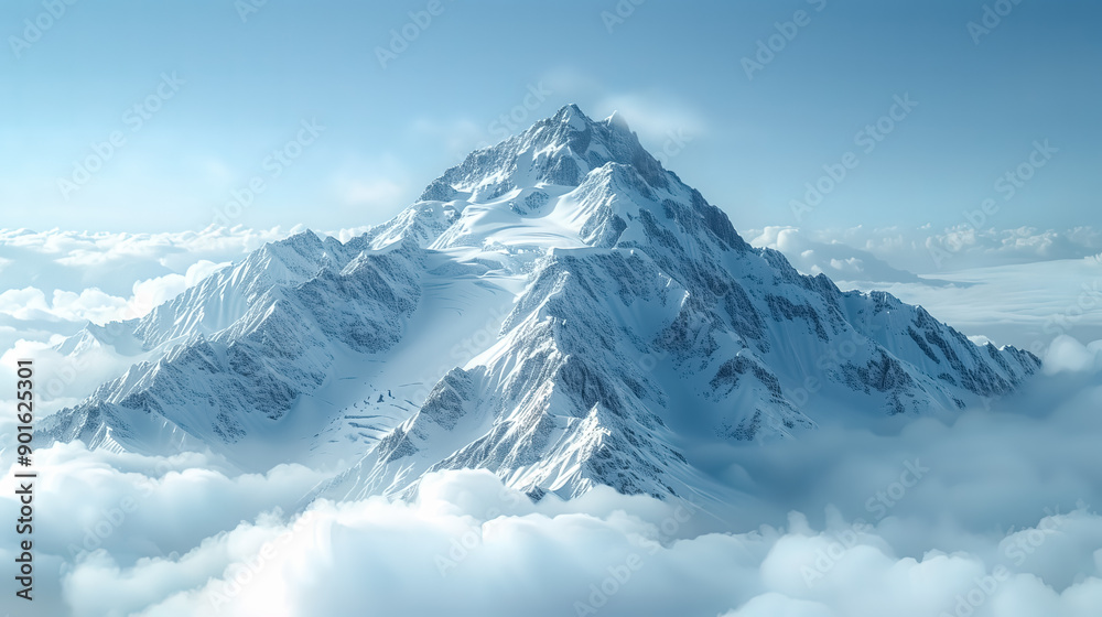 Fototapeta premium Majestic Mountain Peak: A snow-capped mountain peak pierces the heavens, surrounded by a sea of clouds, in an awe-inspiring display of nature's grandeur. 
