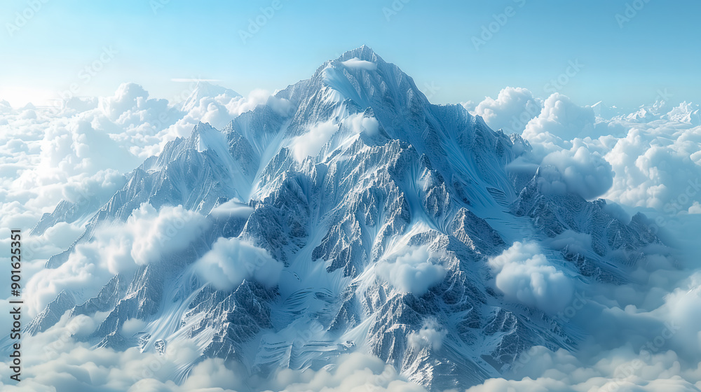 Fototapeta premium Majestic Peaks Above the Clouds: A snow-capped mountain pierces a sea of clouds, bathed in ethereal light. 