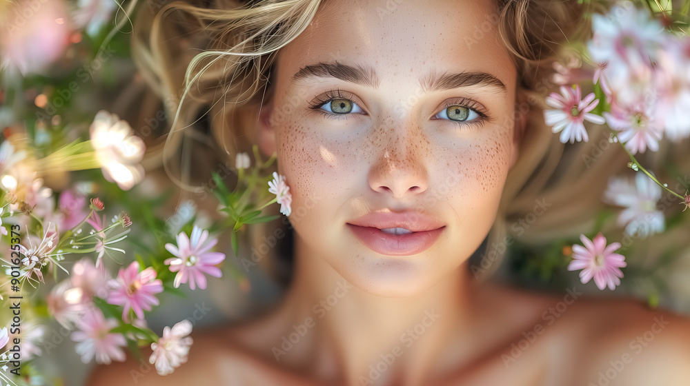 Floral Serenity: A blonde woman with captivating green eyes finds tranquility amidst a bed of delicate pink and white flowers. Floral Serenity: A blonde woman with captivating green eyes finds tranquility amidst a bed of delicate pink and white flowers.