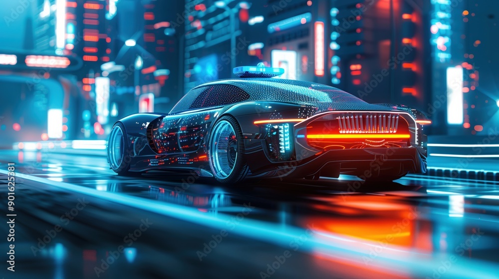 Futuristic patrol car with a sleek design and a glowing holographic interface, patrolling a high-tech city street. The vehicle highlights modern law enforcement technology and advanced design. Copy Futuristic patrol car with a sleek design and a glowing holographic interface, patrolling a high-tech city street. The vehicle highlights modern law enforcement technology and advanced design. Copy
